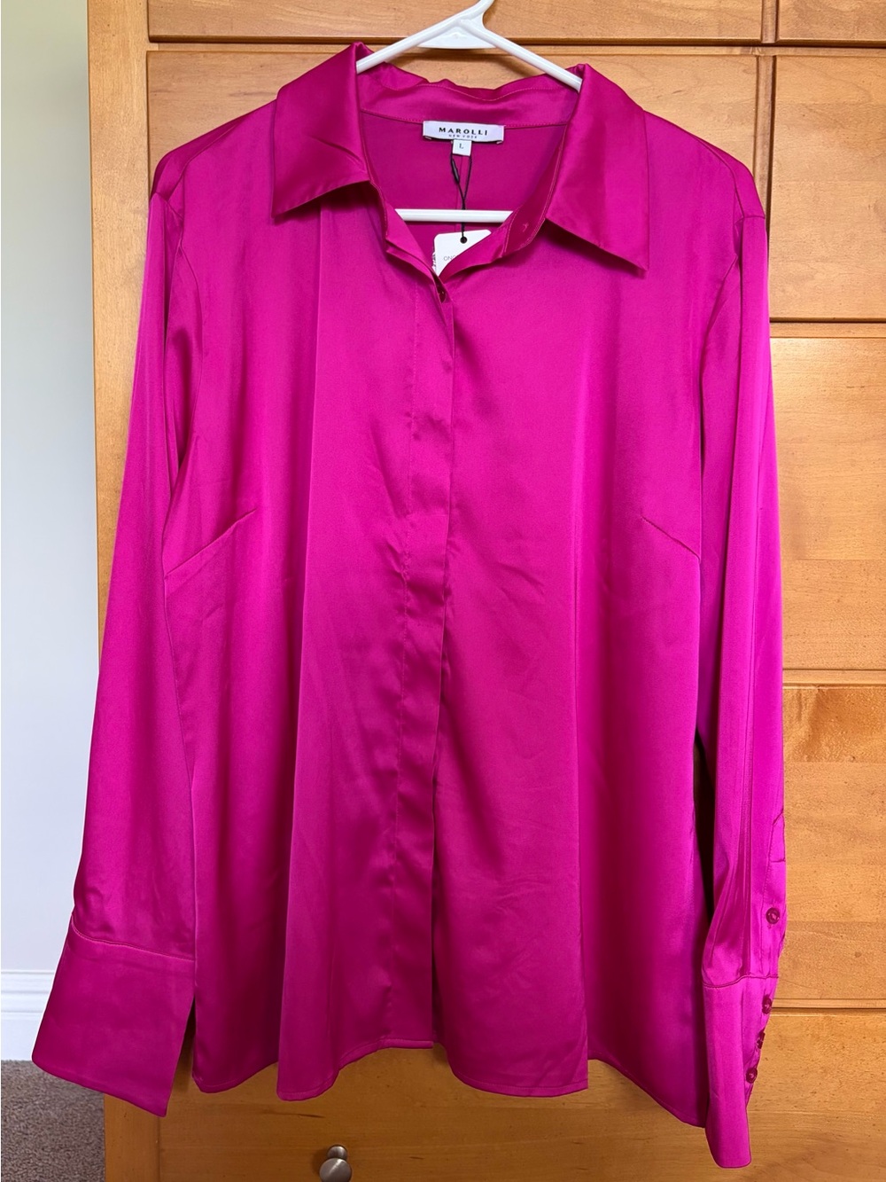 NEW Women's pink Fuchsia silky Satin Button-Up Blouse shirt size: Large